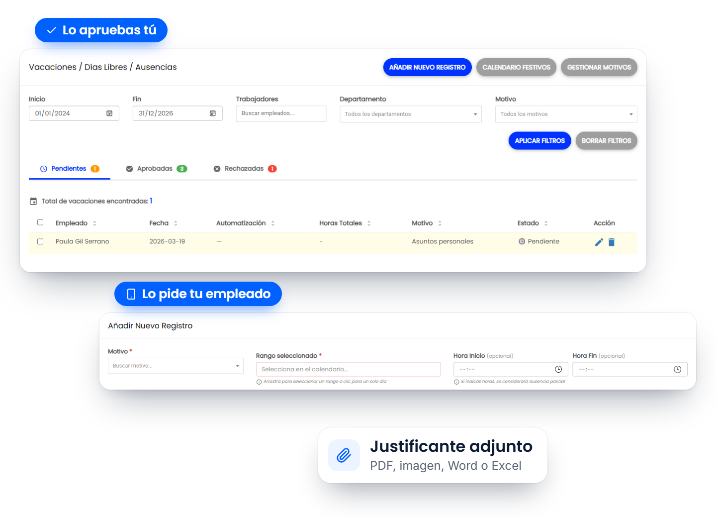 Solicitud de ausencia del empleado y ausencias pendientes de aprobar en Fichador.app