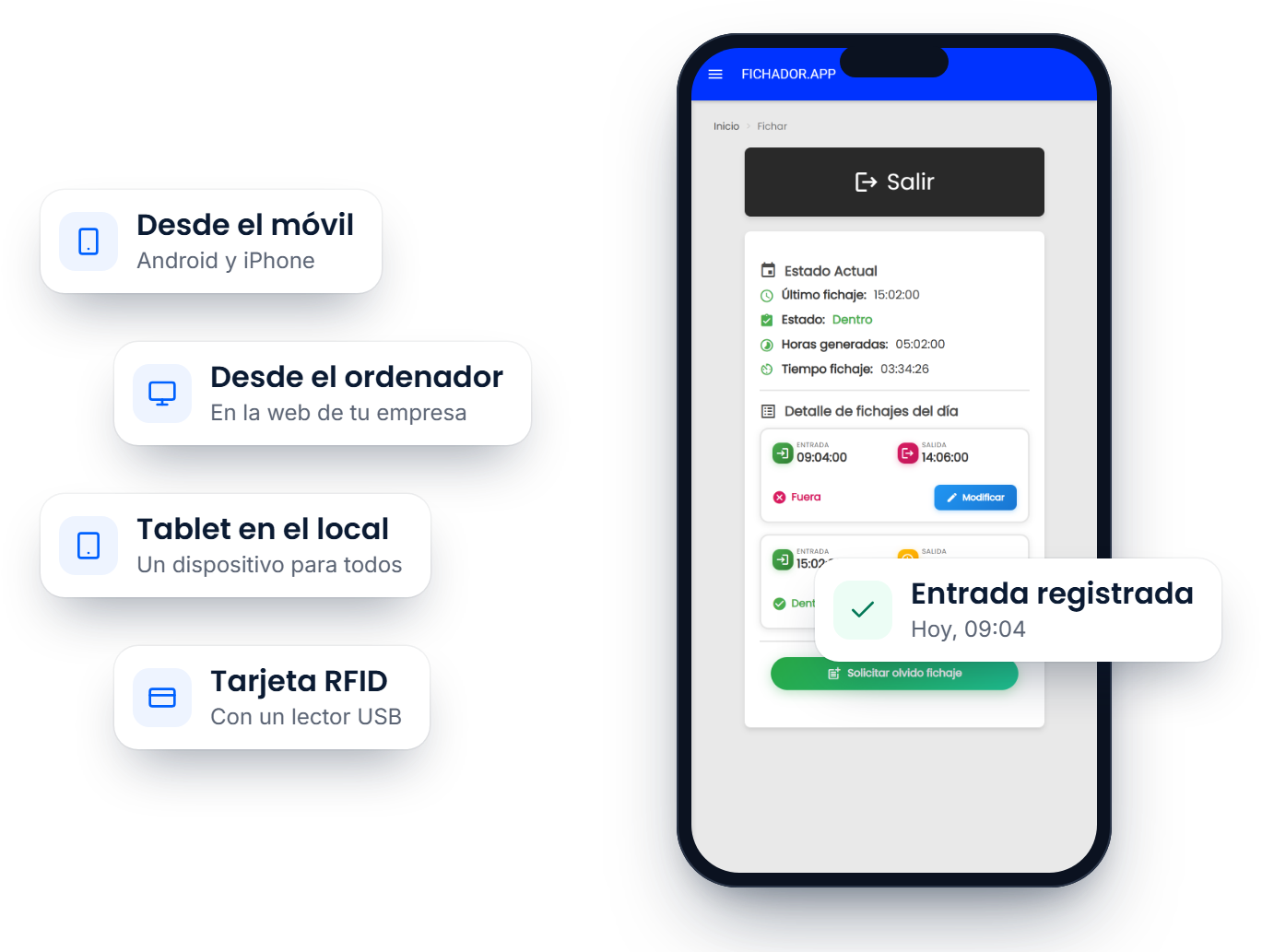 Pantalla de fichaje de Fichador.app en el móvil y las formas de fichar: móvil, ordenador, tablet y tarjeta RFID