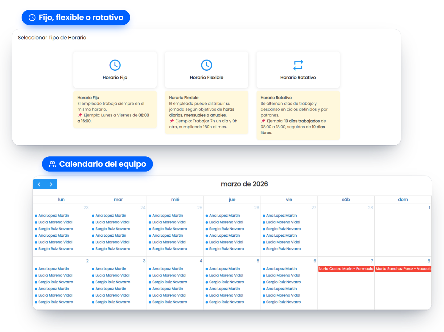 Tipos de horario fijo, flexible y rotativo y calendario del equipo en Fichador.app