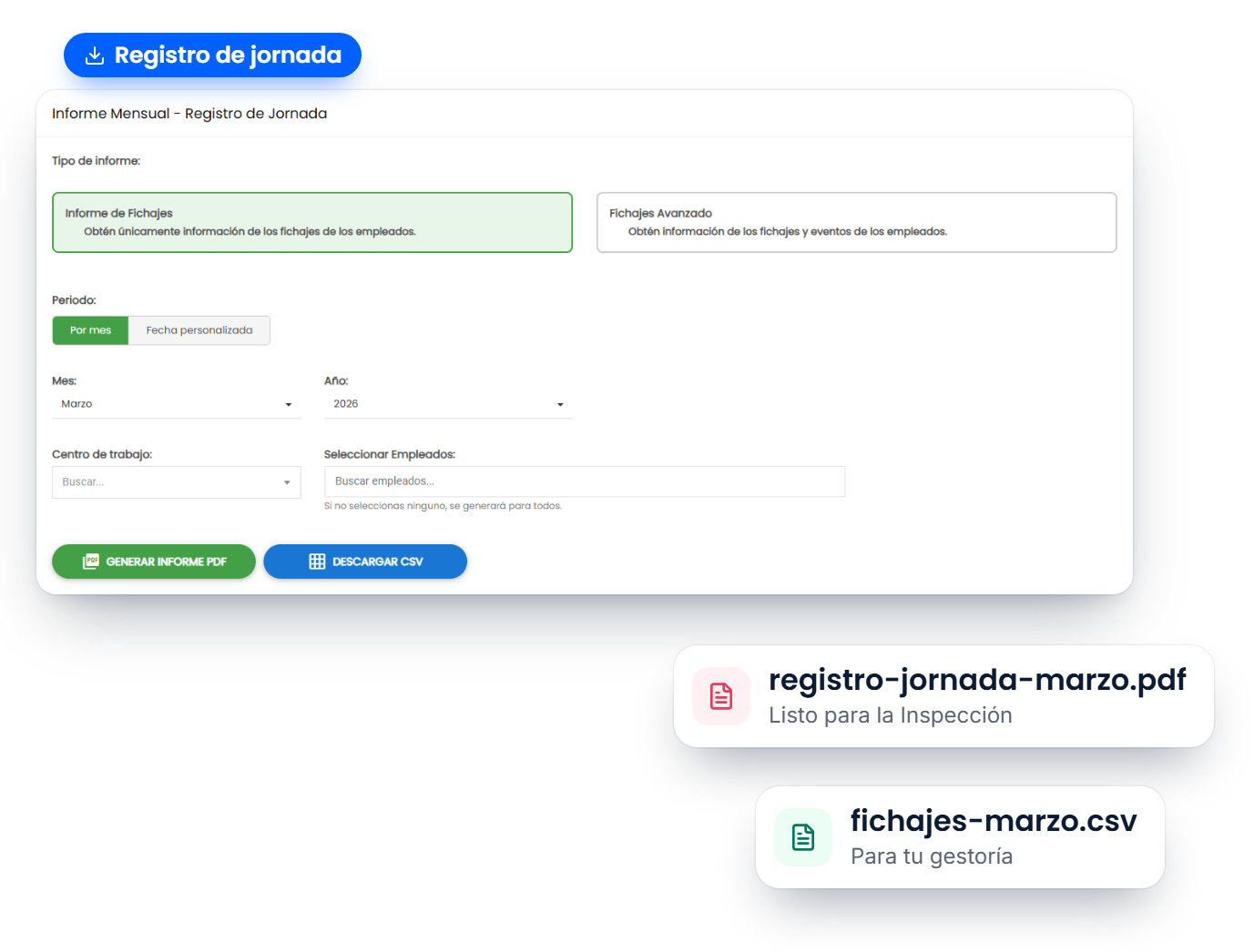 Informe mensual del registro de jornada en PDF o CSV en Fichador.app