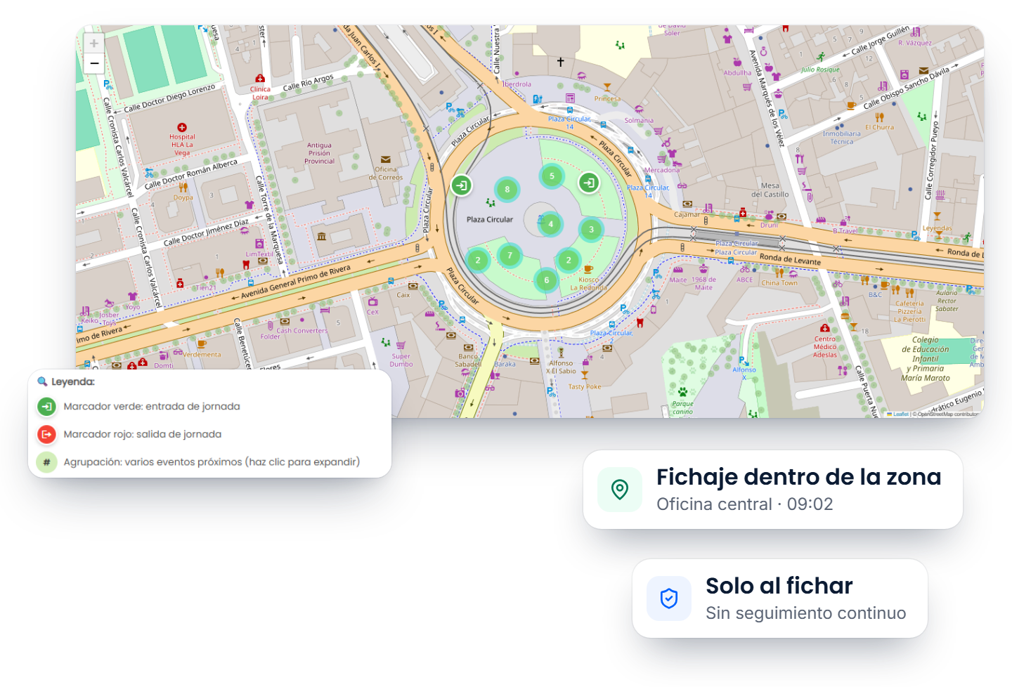 Mapa con las entradas y salidas fichadas por los empleados en Fichador.app
