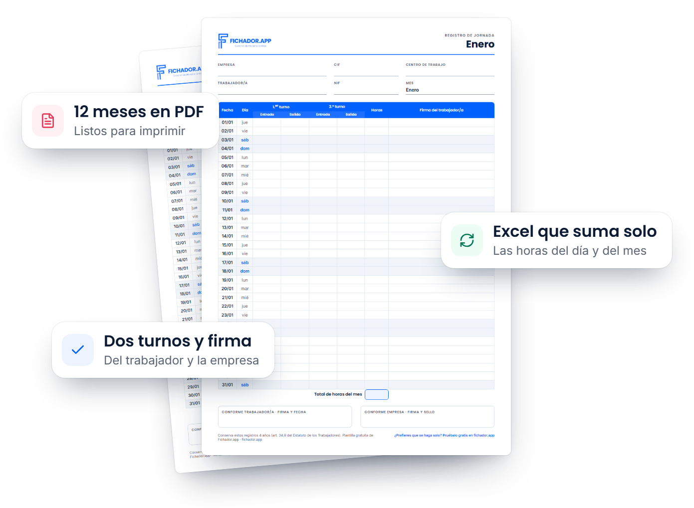 Vista previa de la plantilla de registro horario de Fichador.app: una hoja mensual con dos turnos, horas y firma
